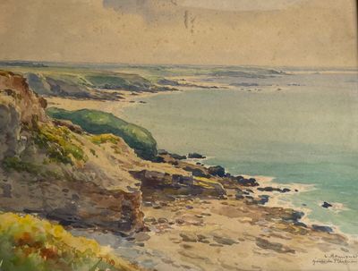 painting of a view of the ocean from a rocky cliff
