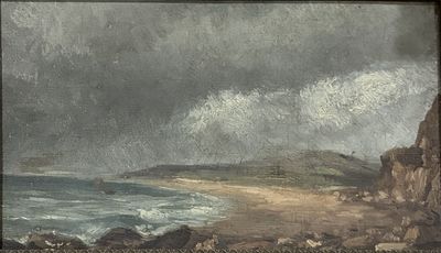 painting of a view of a beach with rocks and a body of water in the foreground