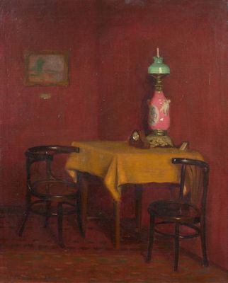 tableau représentant une table et des chaises dans une pièce où la table est recouverte d'une nappe jaune