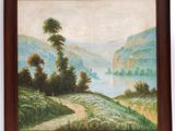 un tableau représentant un paysage de montagne avec une rivière et des arbres au premier plan