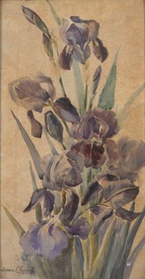 painting of purple irises in a glass vase on a beige background