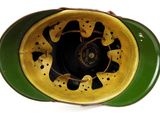 a green and yellow helmet with holes on it