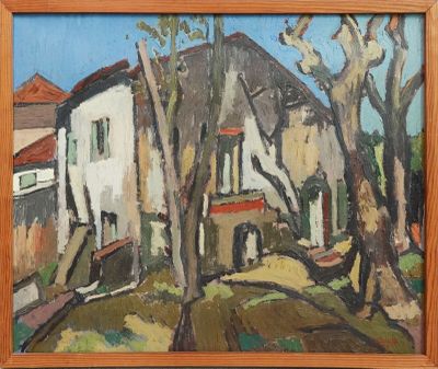 une image d'une peinture d'une maison dans les bois