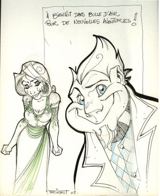 dessin représentant un homme et une femme en tenue de cérémonie avec un chat