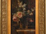 a painting of flowers in a vase on a table