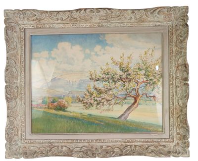 painting of a tree in a field with a mountain in the background