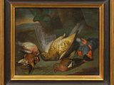 tableau représentant un faisan, des faisans et d'autres oiseaux posés sur une table