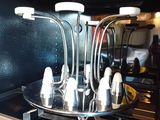 a tray with salt and pepper shakers on it in the oven