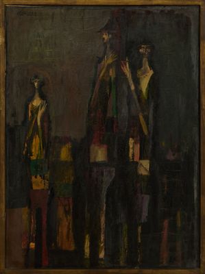 un tableau représentant un homme et une femme debout devant un bâtiment