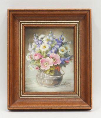 an oil painting of flowers in a vase on a table