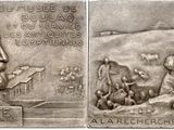 two pictures of a metal plaque depicting a man and a dog