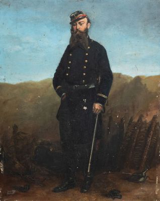 un tableau représentant un homme en uniforme debout devant une clôture