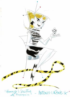dessin représentant une femme vêtue d'une robe à rayures noires et blanches tenant un oiseau