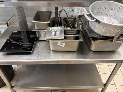 de nombreuses casseroles et poêles posées sur une table dans la cuisine