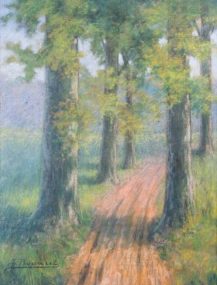 Charles POUPAERT (1874-1935), "Chemin arboré, pastel signé, …