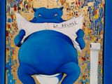 un tableau représentant un homme assis sur des toilettes, un journal dans la bouche