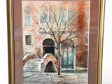 tableau représentant un vieux bâtiment avec un arbre devant