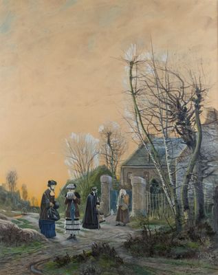 tableau représentant un groupe de personnes marchant dans une rue d'un village