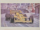 a painting of a yellow race car driving down the street