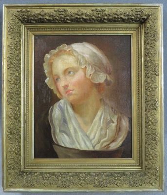 "Portrait de jeune femme au bonnet", Huile sur toile dans le…