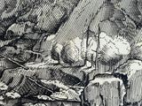 drawing of a mountain landscape with a river and trees in the foreground