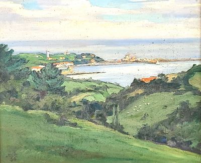 painting of a view of a town and a body of water from a hill
