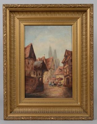an oil painting of a street scene with buildings and people