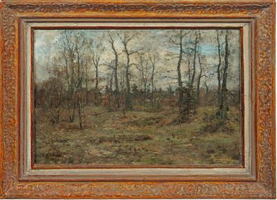 an oil painting of a wooded landscape with trees in the foreground