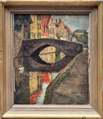 an oil painting of a bridge over a river with buildings in the background
