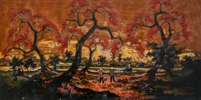 une image représentant un tableau de paysage avec des arbres au premier plan et des personnes marchant sur un sentier au loin