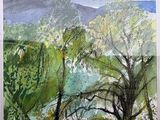 peinture représentant un paysage avec des arbres et des montagnes en arrière-plan
