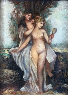 an image of a painting of two women holding a mirror