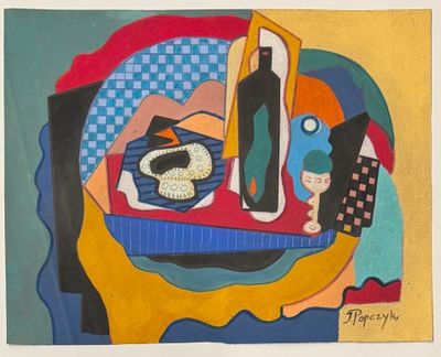 a painting of a still life with a bottle of wine and a plate of food