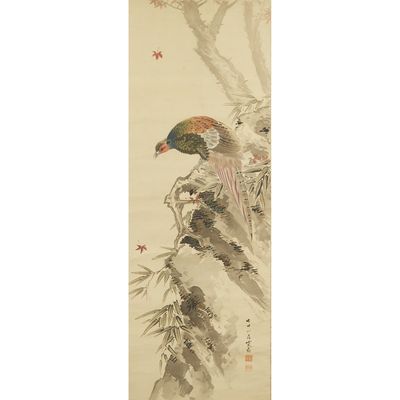 an oriental painting of a bird perched on a branch of a tree