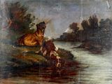 un tableau représentant un cheval et un chien au bord de l'eau