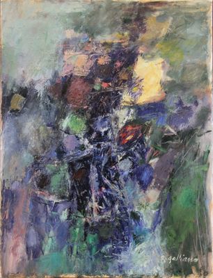 an oil painting of flowers in a vase on a table