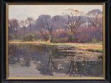 an oil painting of a deer by a pond with trees in the background