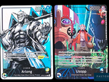 two cards with different characters on them on a black background