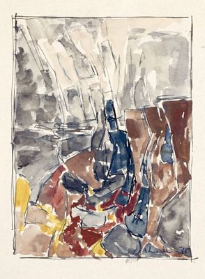 une aquarelle représentant un vase et une bouteille