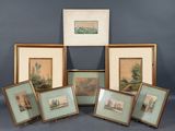 six aquarelles représentant un paysage, certaines encadrées, d'autres non