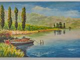 a painting of a boat on the water with trees in the background