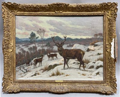 an oil painting of deer in a snowy landscape with trees in the background
