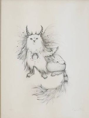 dessin d'un chat avec des cornes et une queue, dans un cadre
