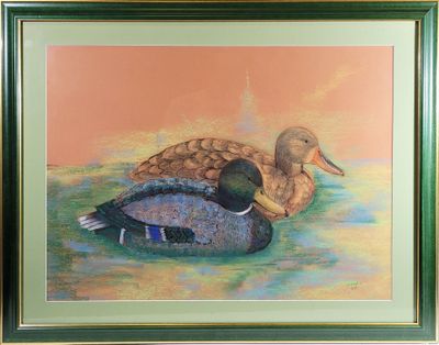 painting of two ducks sitting on the water in a green frame