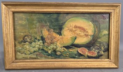 tableau représentant une nature morte composée d'un melon et de raisins posés sur une table