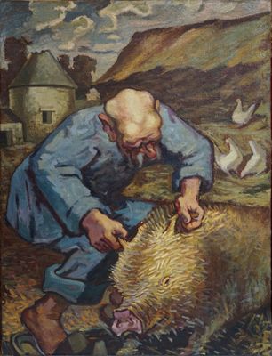 tableau représentant un homme avec un mouton dans un champ, entouré d'oiseaux en vol