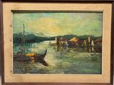 a painting of a boat on the water with a village in the background