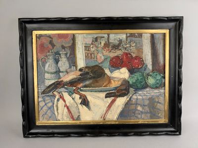framed painting of a bird sitting on a table with a vase of flowers in the background