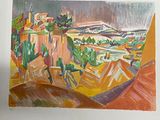 une peinture représentant une vue d'une ville depuis une colline