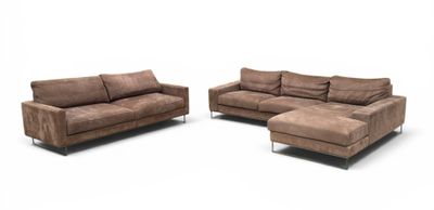 brown leather sofa and loveseat set on a white background